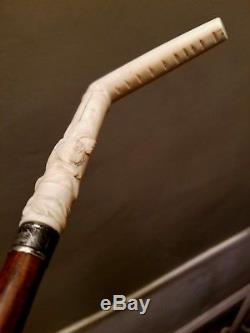 Vintage Walking Stick Cane Carved Dog Bone/Sterling Silver Handle Wood Shaft 35