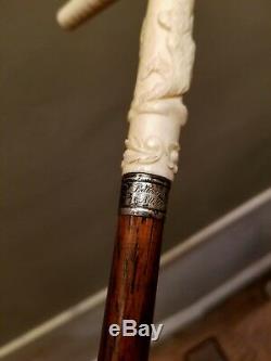 Vintage Walking Stick Cane Carved Dog Bone/Sterling Silver Handle Wood Shaft 35