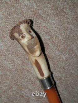 Vintage Walking Stick/Cane Hand-Carved Antler Mans Head With Glass Eyes 89.5cm