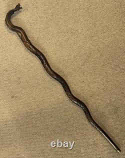 Vintage Walking Stick Cane Hand-Carved Cobra Snake & European Hiking Badges