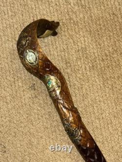 Vintage Walking Stick Cane Hand-Carved Cobra Snake & European Hiking Badges