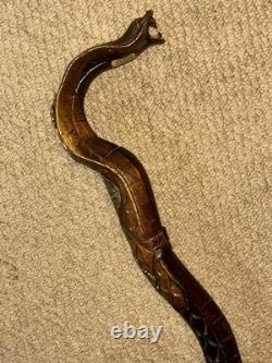 Vintage Walking Stick Cane Hand-Carved Cobra Snake & European Hiking Badges