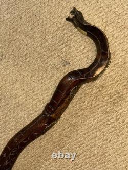Vintage Walking Stick Cane Hand-Carved Cobra Snake & European Hiking Badges
