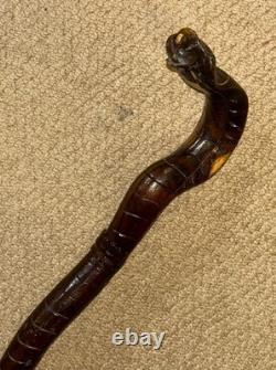 Vintage Walking Stick Cane Hand-Carved Cobra Snake & European Hiking Badges