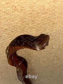 Vintage Walking Stick Cane Hand-Carved Cobra Snake & European Hiking Badges
