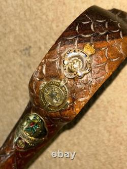Vintage Walking Stick Cane Hand-Carved Cobra Snake & European Hiking Badges
