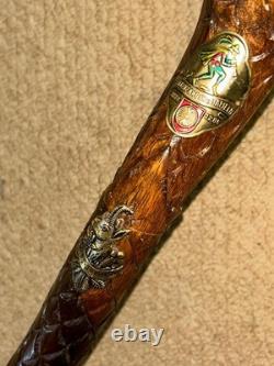 Vintage Walking Stick Cane Hand-Carved Cobra Snake & European Hiking Badges