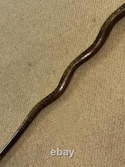 Vintage Walking Stick Cane Hand-Carved Cobra Snake & European Hiking Badges