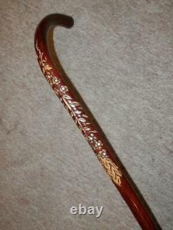 Vintage Walking Stick Hand-Carved Floral Pattern With Inset Clear Quartz 89cm