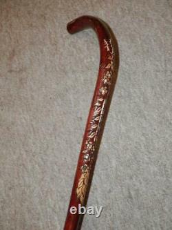 Vintage Walking Stick Hand-Carved Floral Pattern With Inset Clear Quartz 89cm