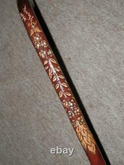 Vintage Walking Stick Hand-Carved Floral Pattern With Inset Clear Quartz 89cm