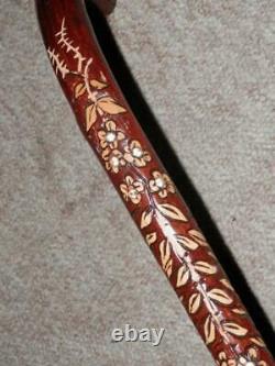 Vintage Walking Stick Hand-Carved Floral Pattern With Inset Clear Quartz 89cm
