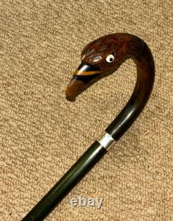 Vintage Walking Stick Hand-Carved & Painted Parrot & Hallmarked 1957 Silver