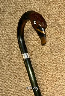 Vintage Walking Stick Hand-Carved & Painted Parrot & Hallmarked 1957 Silver