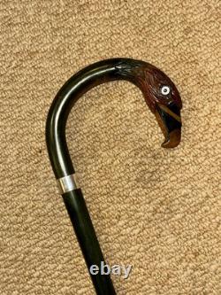 Vintage Walking Stick Hand-Carved & Painted Parrot & Hallmarked 1957 Silver