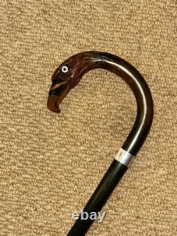 Vintage Walking Stick Hand-Carved & Painted Parrot & Hallmarked 1957 Silver
