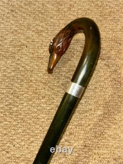 Vintage Walking Stick Hand-Carved & Painted Parrot & Hallmarked 1957 Silver