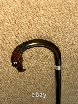 Vintage Walking Stick Hand-Carved & Painted Parrot & Hallmarked 1957 Silver