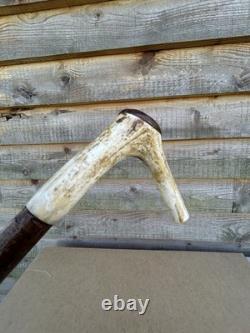 Vintage Walking Stick With Carved Deer Antler Handle & Wooden Pad