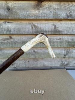 Vintage Walking Stick With Carved Deer Antler Handle & Wooden Pad