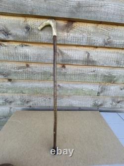 Vintage Walking Stick With Carved Deer Antler Handle & Wooden Pad