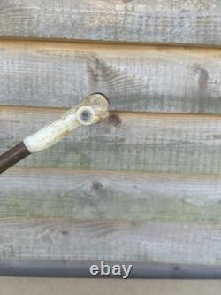 Vintage Walking Stick With Carved Deer Antler Handle & Wooden Pad