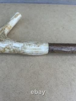 Vintage Walking Stick With Carved Deer Antler Handle & Wooden Pad