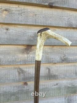 Vintage Walking Stick With Carved Deer Antler Handle & Wooden Pad
