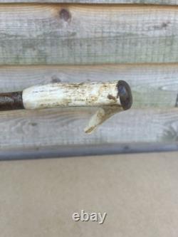 Vintage Walking Stick With Carved Deer Antler Handle & Wooden Pad