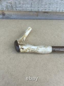 Vintage Walking Stick With Carved Deer Antler Handle & Wooden Pad