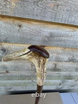 Vintage Walking Stick With Carved Deer Antler Handle & Wooden Pad