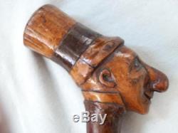 Vintage Walking Stick With Hand-carved Man Head Top And Rustic Shaft