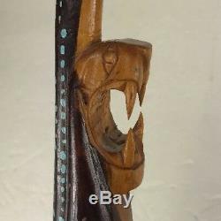 Vintage Wood Hand Carved Cane Walking Stick Snake Serpent Warrior 42