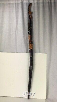 Vintage Wood Hand Carved Cane Walking Stick Snake Serpent Warrior 42