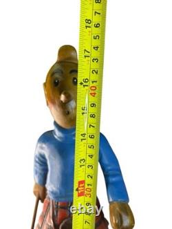 Vintage Wooden Hand carved Hiking Tin Tin With Walking Stick/Cane Figurine 44cm