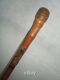 Vintage/antique Folk Carved Bamboo Cane- Jungle Monkeys, Bird And Wolf/wild Dog