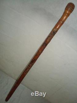 Vintage/antique Folk Carved Bamboo Cane- Jungle Monkeys, Bird And Wolf/wild Dog