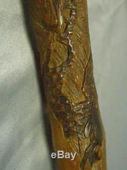 Vintage/antique Folk Carved Bamboo Cane- Jungle Monkeys, Bird And Wolf/wild Dog