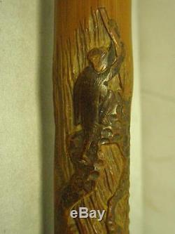 Vintage/antique Folk Carved Bamboo Cane- Jungle Monkeys, Bird And Wolf/wild Dog