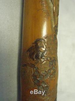 Vintage/antique Folk Carved Bamboo Cane- Jungle Monkeys, Bird And Wolf/wild Dog