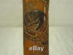 Vintage/antique Folk Carved Bamboo Cane- Jungle Monkeys, Bird And Wolf/wild Dog