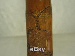 Vintage/antique Folk Carved Bamboo Cane- Jungle Monkeys, Bird And Wolf/wild Dog