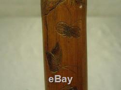 Vintage/antique Folk Carved Bamboo Cane- Jungle Monkeys, Bird And Wolf/wild Dog