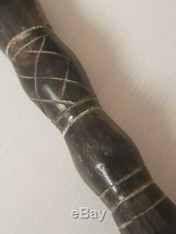 Vintage carved stacked horn walking stick cane dolphin's head glass silver inlay