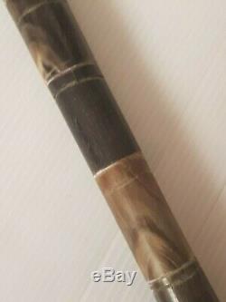 Vintage carved stacked horn walking stick cane dolphin's head glass silver inlay