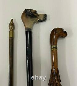 Vintage walking stick cane x 3 Collection Dog Brass Carved Umbrella Novelty