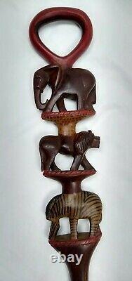 Vtg African Hand Carved Twisted Wood Elephant Lion Cane Walking Stick Colorful