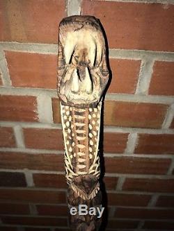 Vtg African Hand Carved Wood Cane Walking Stick Snake Head Old Man Collectible