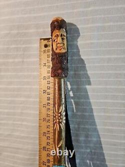 Vtg Antique Folk Art Carved Wood Walking Stick 36 Man's Face. From Austria Nice