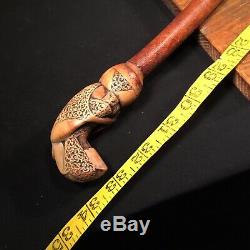 Vtg Antique Keris Handle Cane Chameleon Carved Wood Asia Walking Stick PRIORITY
